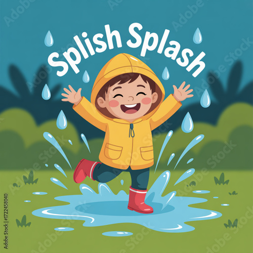 Illustration of a happy kid playing in a puddle during a rainy day wearing a raincoat and boots cartoon