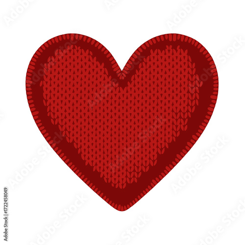 A red heart-shaped patch with a detailed knitted texture and a stitched border, isolated on a white background.