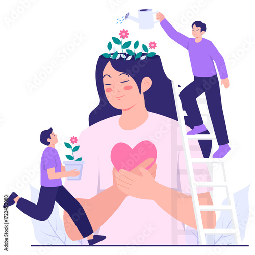 People nurturing a womans mind with flowers