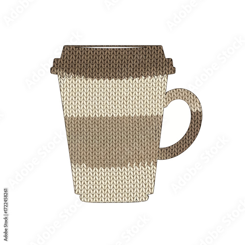 Knitted coffee cup with striped brown and beige pattern and a handle, isolated on white.