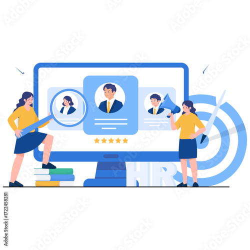 People review resumes on a computer screen holding a magnifying glass and megaphone