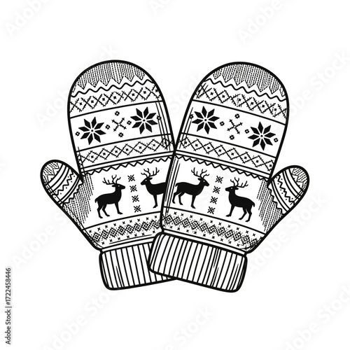 Black and white illustration of a pair of knitted winter mittens adorned with deer and snowflake patterns, a cozy seasonal accessory.