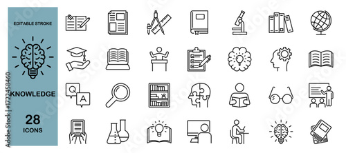 Knowledge and Education Skills Icon Set. Learning, Study, School, Student, Teacher, Book, Brain, Idea, Science, Training. Editable Stroke. Vector Illustration.