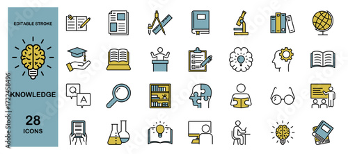 Knowledge and Education Skills Icon Set. Learning, Study, School, Student, Teacher, Book, Brain, Idea, Science, Training. Editable Stroke. Colored Vector Illustration.