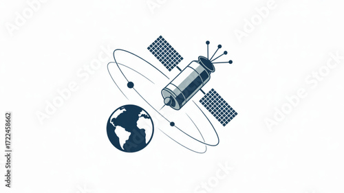 Satellite orbiting earth vector illustration for space technology and communication design element concept
