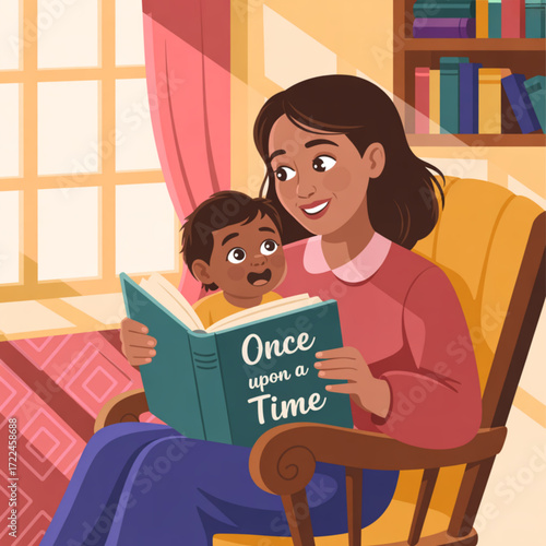 Mother reading story book once upon a time to child illustration vector graphic design for kids and family time