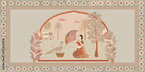 Traditional indian painting of a woman holding a colorful umbrella with a peacock and basket in a garden setting