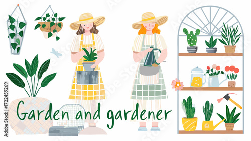 Two women in straw hats and aprons tending to plants and gardening tools in a bright illustration