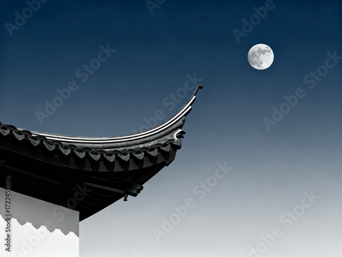 Traditional Chinese roof with upturned eaves under a full moon against a clear night sky