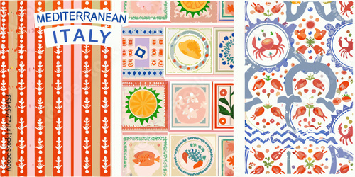 Vibrant mediterranean italy collage featuring tile art fruits flowers fish and nautical motifs