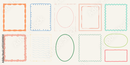 Collection of hand drawn decorative frames and borders in various shapes and pastel colors