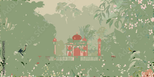 Serene mughal architectural masterpiece surrounded by lush green foliage and delicate pink blossoms with exotic birds