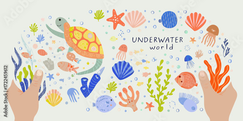 Whimsical underwater world illustration with sea creatures plants and hands holding coral