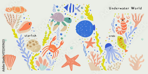 Charming underwater world illustration featuring diverse marine life and coral reef elements