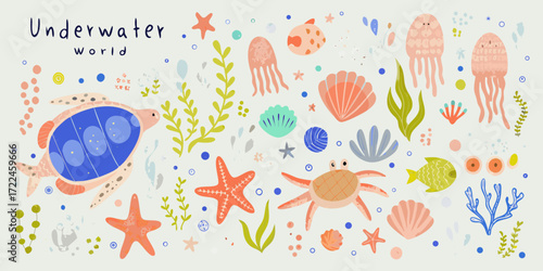 Charming underwater world illustration with cute sea creatures and marine life