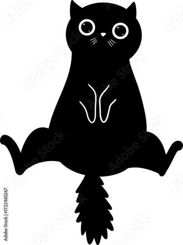 A black cat sitting with legs spread open