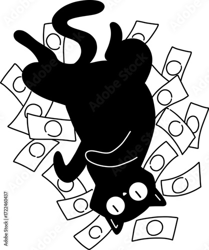 A black cat lies upside down on paper bills