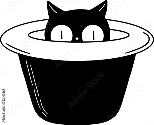 A black cat peeks out of a top hat