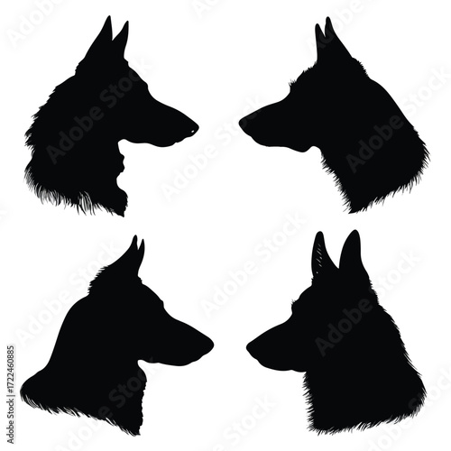 Collection of german shepherd head silhouettes isolated on white background