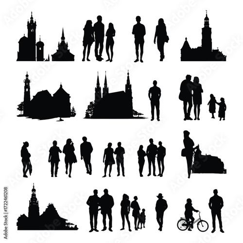 Collection of german landmarks and cultural icons silhouette isolated on white background