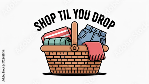 Shop til you drop clothing and accessories in a basket for fashion trends and retail therapy shopping spree