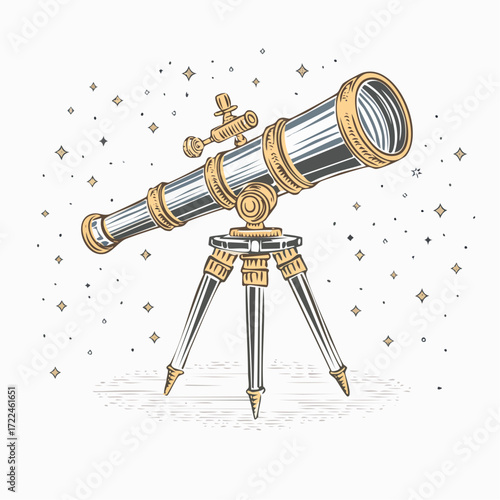 Vintage astronomical telescope illustration on a tripod, observing stars and cosmic wonders, perfect for classic space exploration concepts and scientific discovery themes