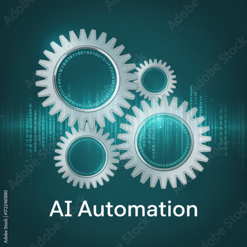Ai automation technology with gears and binary code for machine learning and robotic process automation concept