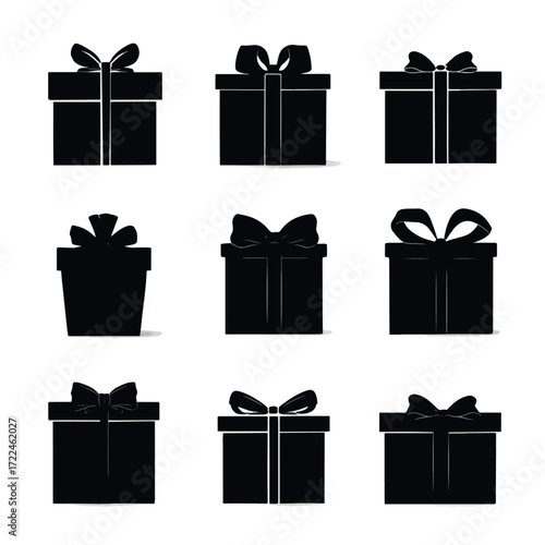 Collection of diverse gift box silhouettes in black and white isolated on white background silhouette