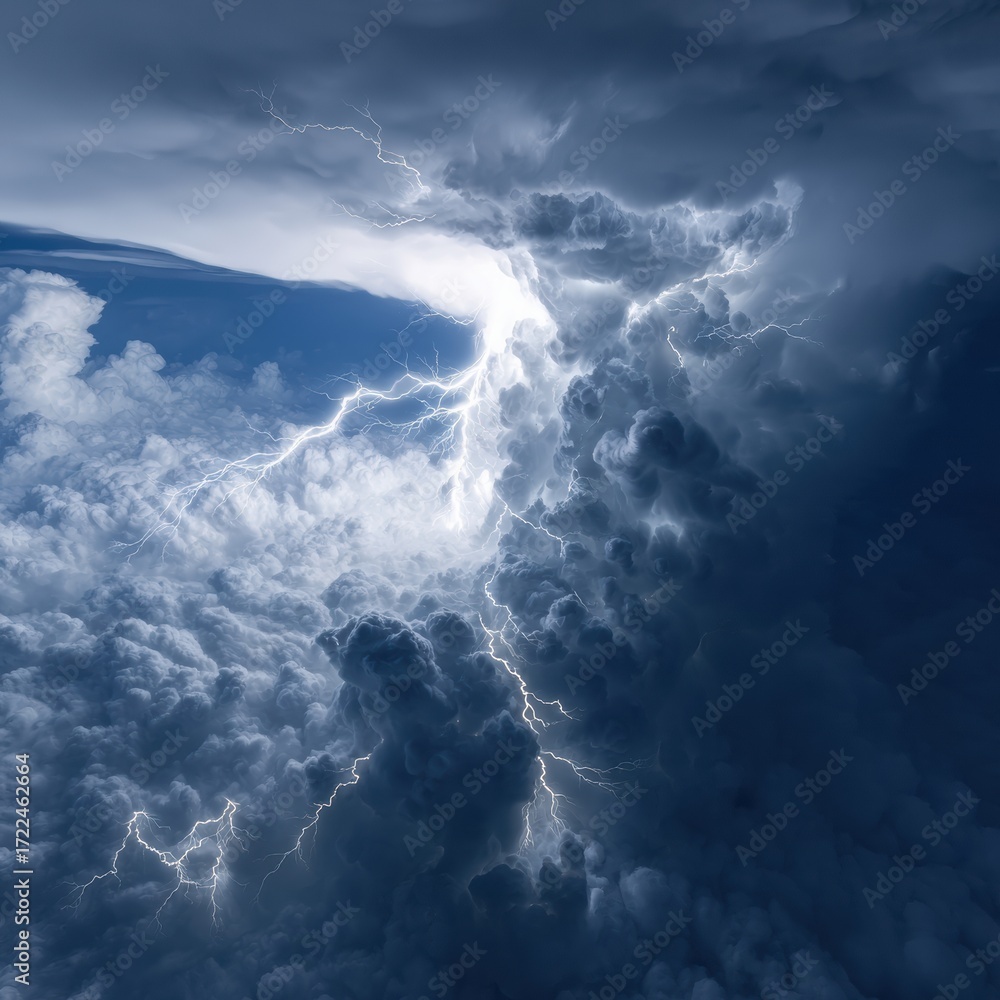 Naklejka premium Powerful Lightning Strike and Cloudburst Energy in Dramatic Sky Premium Modern Atmospheric Content for Tech Marketing Campaigns and Social Media