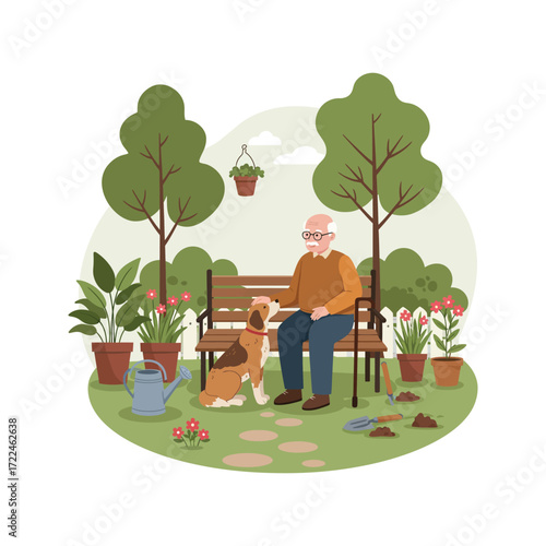 Happy senior man relaxing on a park bench with his dog enjoying nature and gardening