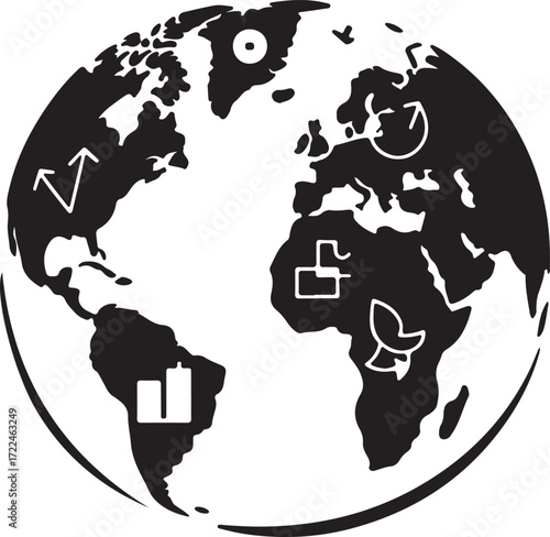 Black and white globe with icons representing global communication and business Keywords: globe, earth