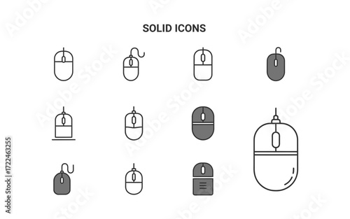Illustration showcasing a collection of computer mouse icons in various styles and orientations in a grid format