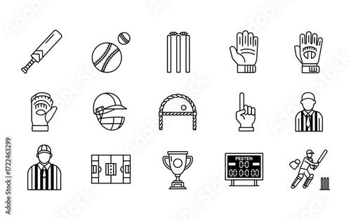 Illustration of cricket equipment including bat, ball, wickets, gloves, helmet, umpire and scoreboard icons