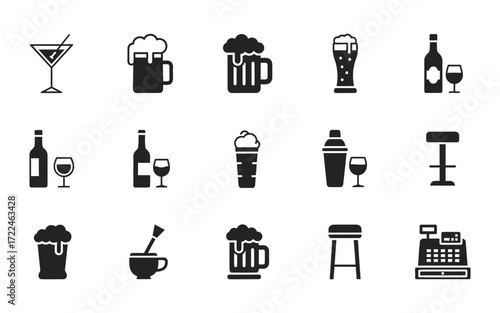 Collection of bar related icons including cocktails beer wine ice cream shaker stools and a cash register icon set