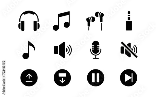 Illustration of audio equipment and controls including headphones music notes microphone and volume icons set