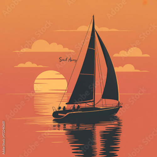Sunset sailboat sailing ocean sea travel vacation yachting water reflection scenic seascape illustration graphic art 100