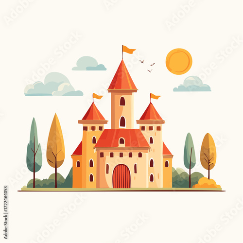 Fairytale medieval castle with red towers on a sunny day with clouds and trees, a charming cartoon kingdom fortress illustration