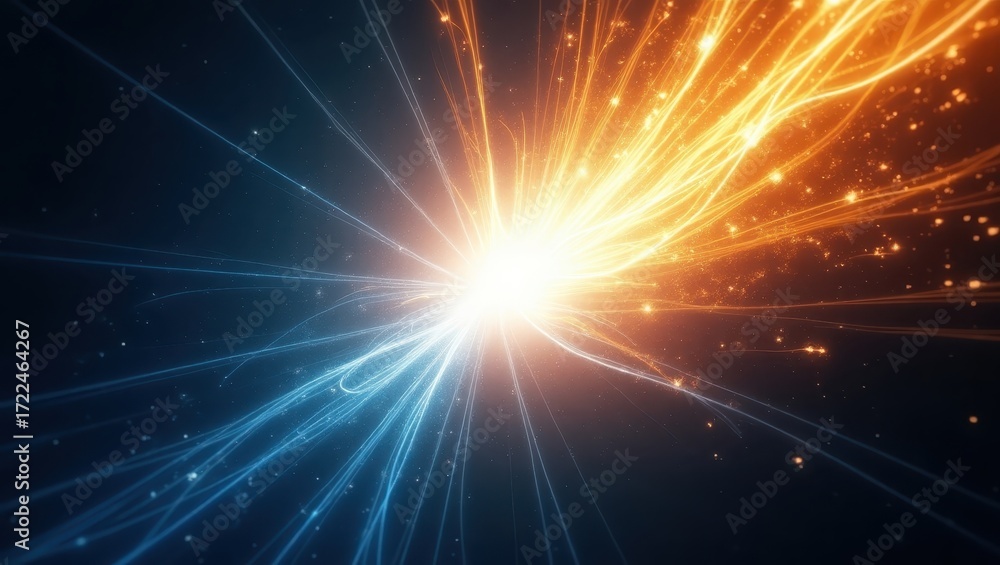 Naklejka premium A dynamic explosion of radiant energy, radiating outward in vibrant hues of blue and orange, creating a striking visual impact against a dark backdrop.