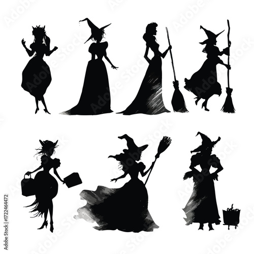 Set of glinda the good witch silhouettes in various poses isolated on white background