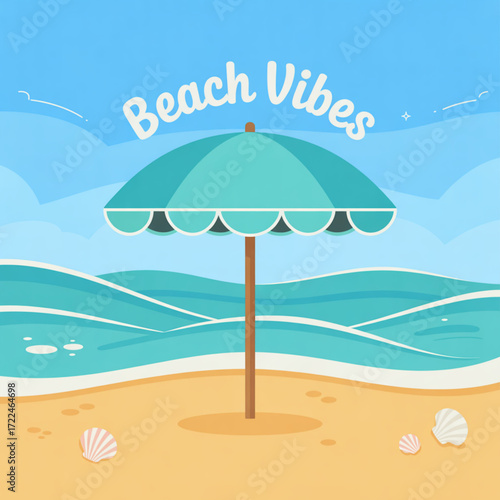 Beach summer vibes with umbrella on sandy beach with ocean waves and seashells vacation scene illustration