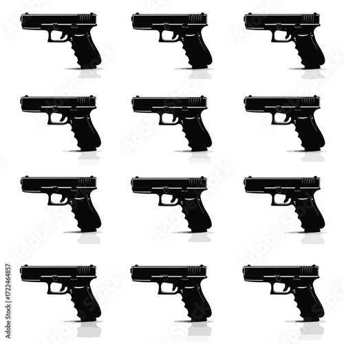 Collection of glock handgun silhouettes isolated on white background