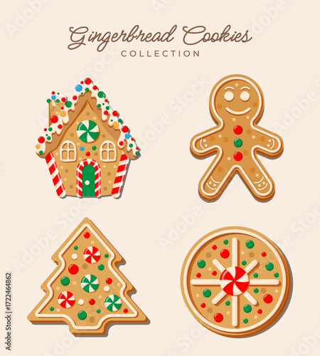 Gingerbread Cookies Set Vector Illustration. Gingerbread Sweets in the form Christmas tree, Gingerbread man, house, Christmas Round Toy Ornament. Collection Icons, elements, and stickers for New Year.