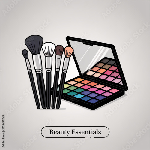 Professional makeup brushes and eyeshadow palette for beauty and cosmetic tutorials and online shopping guide