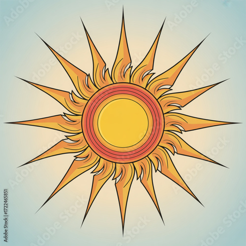 Shining sun illustration with rays and circular design for summer solstice and solar energy concepts
