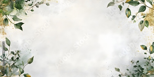 Delicate botanical border with lush green foliage and subtle floral accents framing a soft textured background for text or design elements