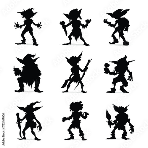 Collection of diverse goblin silhouettes in black and white isolated on white background