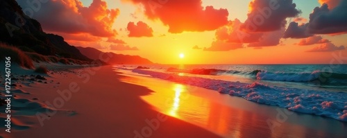 Burning sunset casts long shadows across the sandy beach, creating a dramatic scene , nature, horizon