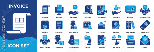 Invoice  icon collection set. Containing invoice, billing, payment, receipt, statement, finance and account icon. solid vector.