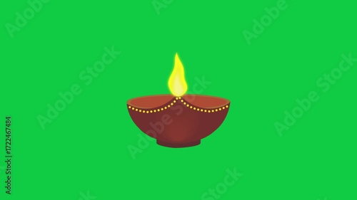 A glowing Diwali diya oil lamp animation in front view with a realistic flame on a green screen background. Great for chroma key use in festival greetings, advertising, motion graphics.