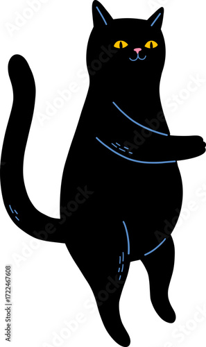A black cat with yellow eyes and pink nose